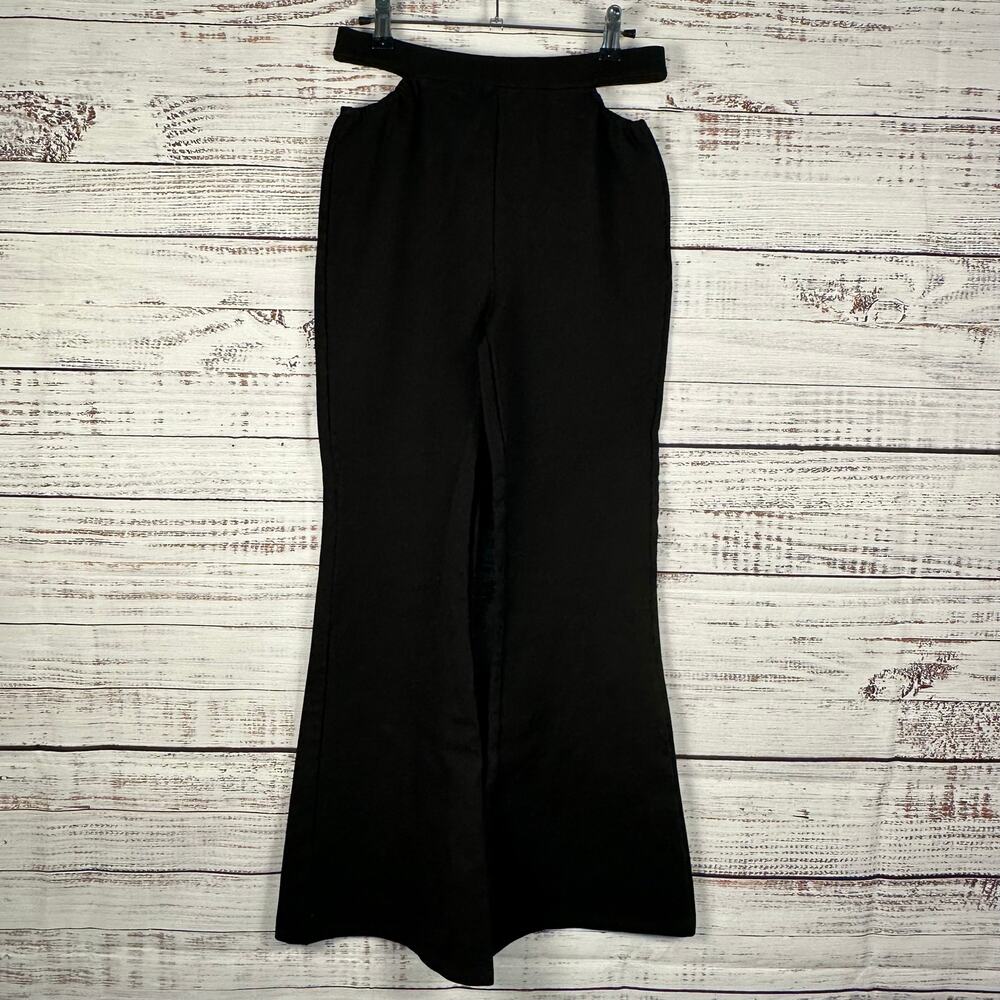 Womens SASSAFRAS Black Waist Cutout Flare Pull On Pants Wide Leg Stretch Size M